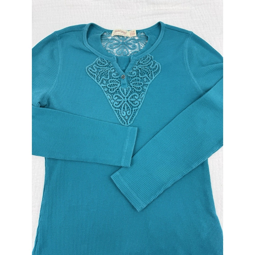Faded Glory Womens Long Sleeve Henley Top Lace Yoke Thermal Turquoise Large
